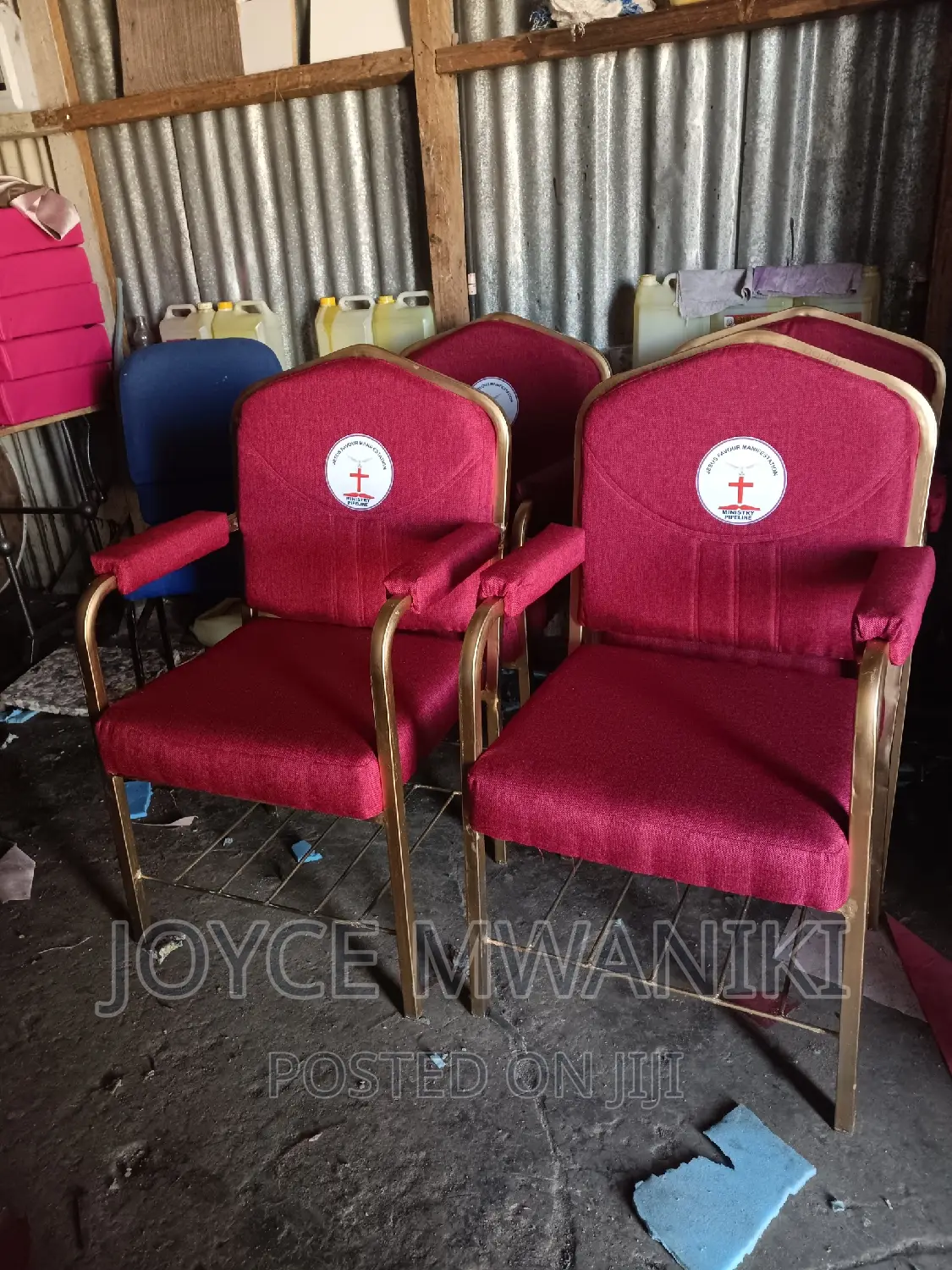 Church Chairs, Red With Armrest and Logo.