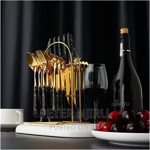 24pcs Golden Cutlery Set ,Marble Black Handle