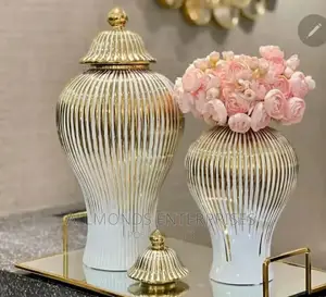 Flower Vase Ceramic Gold Plated White -Ginger