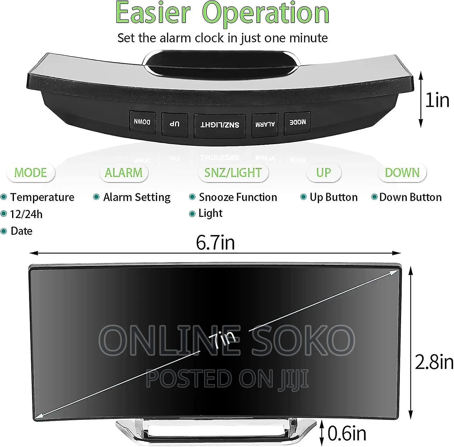 Bedside Office Mirror Curved 7'' Screen LED Digital Clock