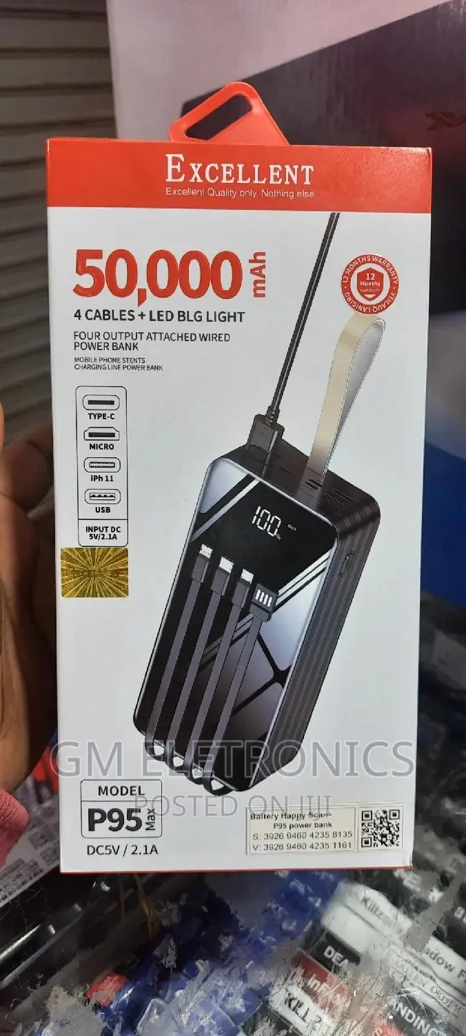 50000mah Portable Powerbank With Attached Charging Cables.