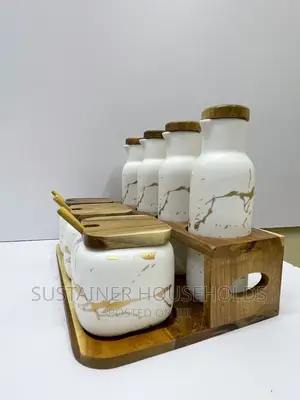 *7pcs Ceramic Spice Canister Set With Bamboo Stand and Lid