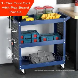 3 Tier Tool Cart With Peg Board Panels and Castor Wheels