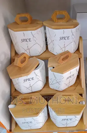 6 Pc Spice Jars With Bamboo Rackin White and Black Marble