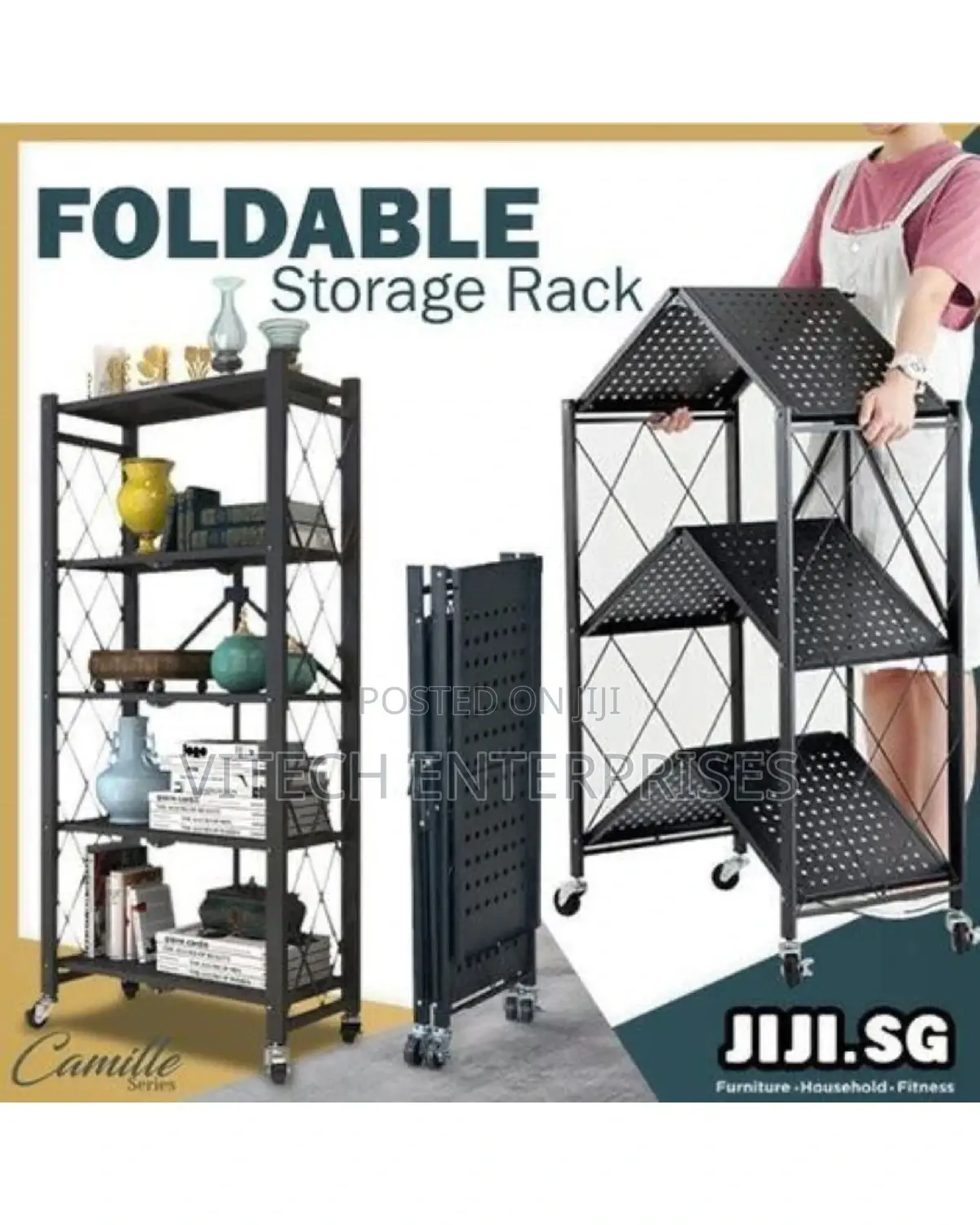 Foldable Kitchen Metallic Storage Rack With Wheels - 5 Tier
