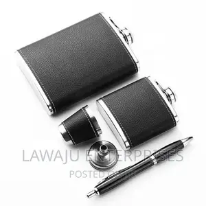 Black Leather Covered Whiskey Flasks Gift Set
