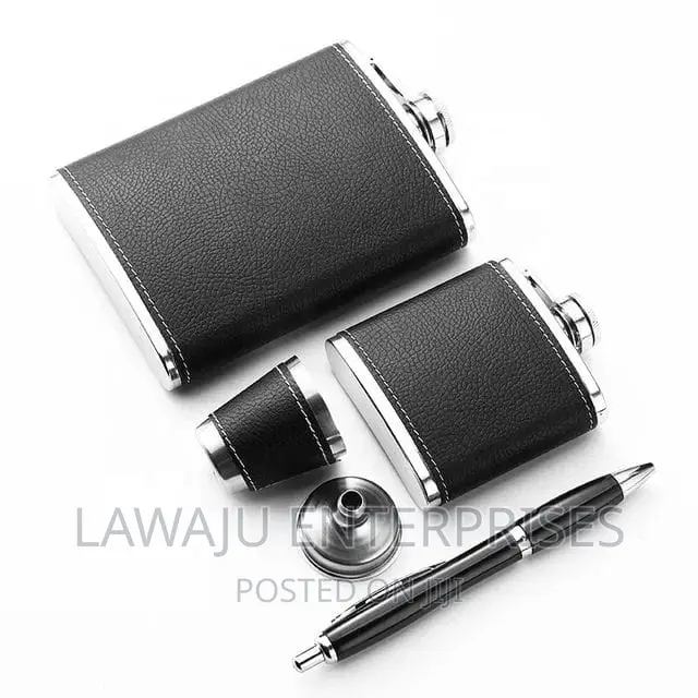 Black Leather Covered Whiskey Flasks Gift Set