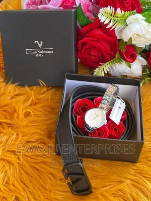 Ladies Leather Belt, Watch Red Roses Gift Pack