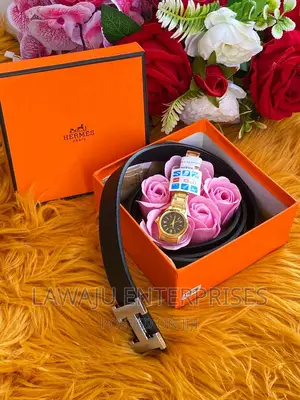 Ladies Leather Belt, Watch Pink Roses Gift Pack