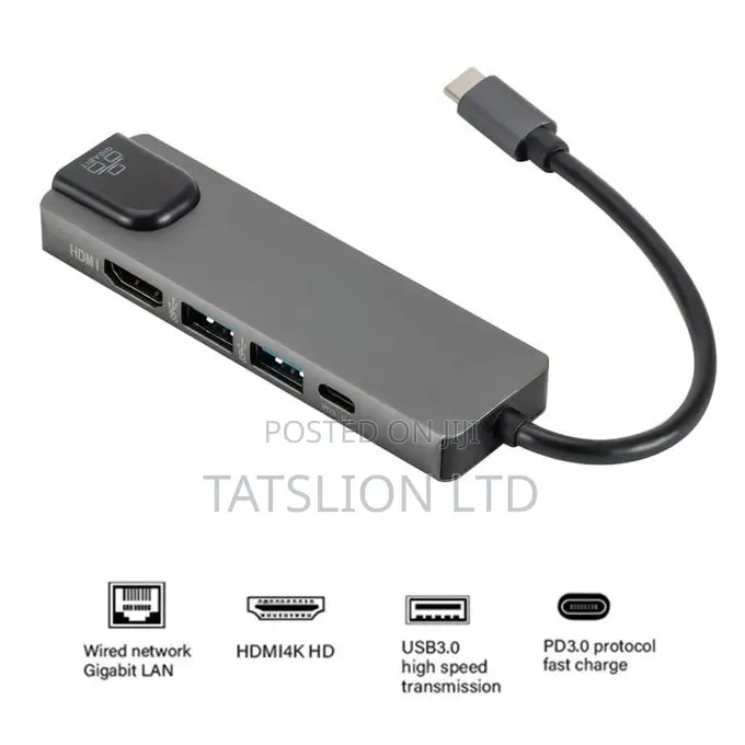 Type C 5 in 1 With USB 3.0,Hdmi,Pd Ethernet Ports Adapter