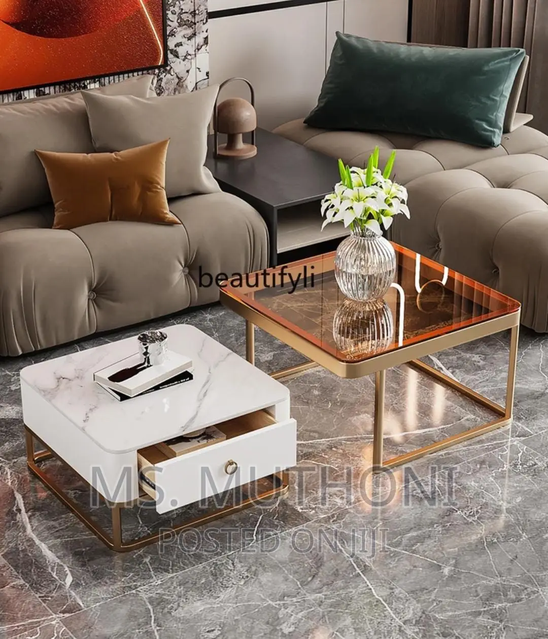 Square Glass Top Nesting Coffee Table Set + Storage Drawer
