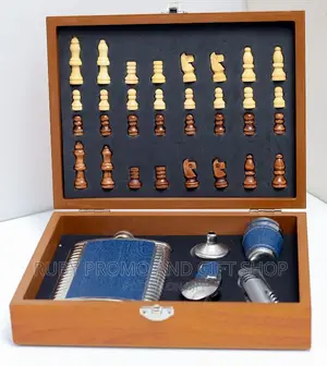 Wooden Chess Blue Hip Flask Gift Set