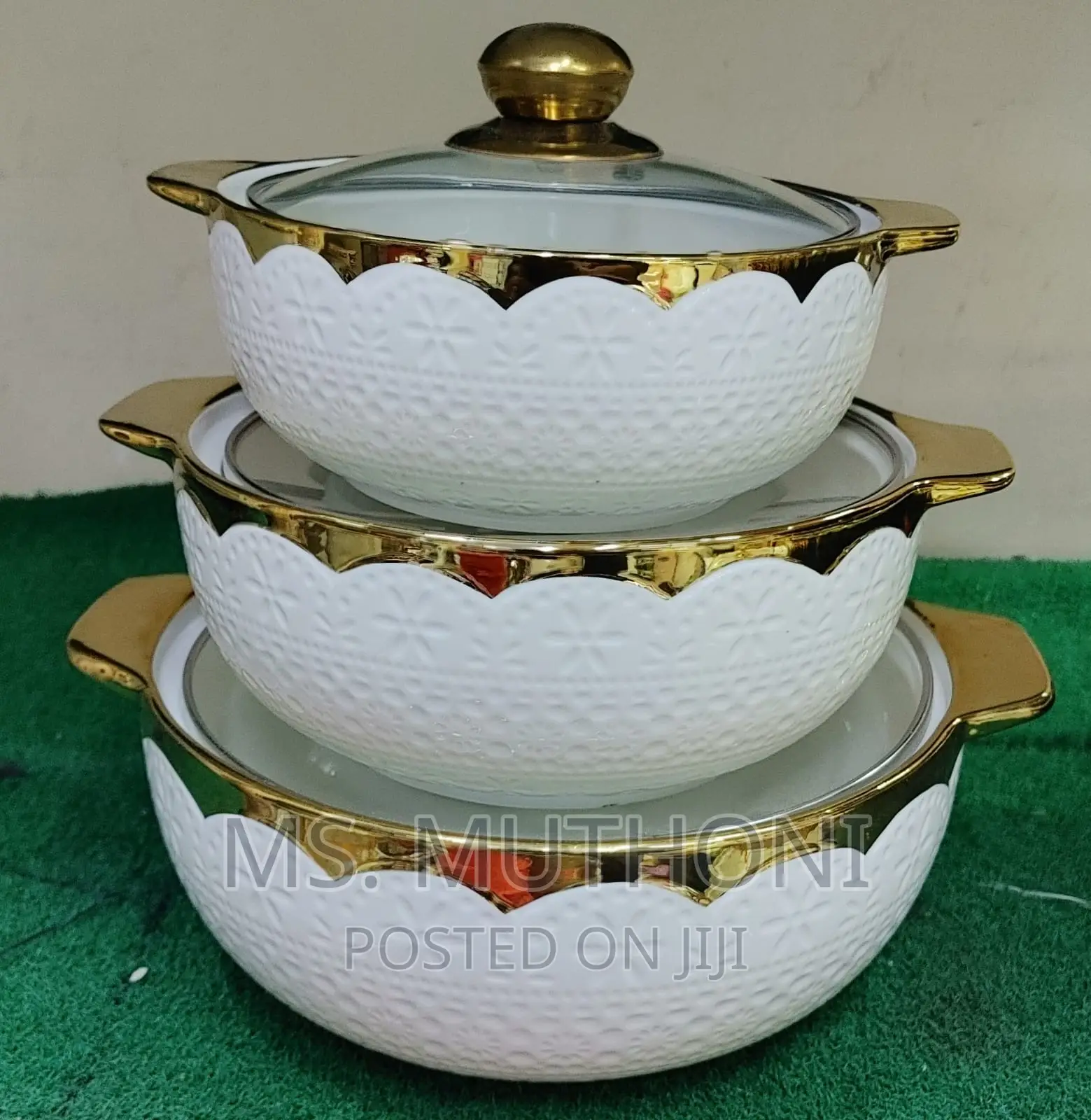 *3pcs Ceramic Serving Bowls With Gold Finish