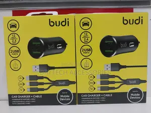 Budi 3 in 1 Car Charger 2 Usb Car Charger With Coiled 3 in 1