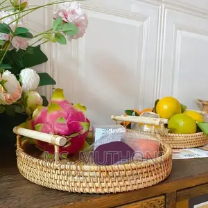 Handwoven Wicker Rattan Tray With Wooden Handles