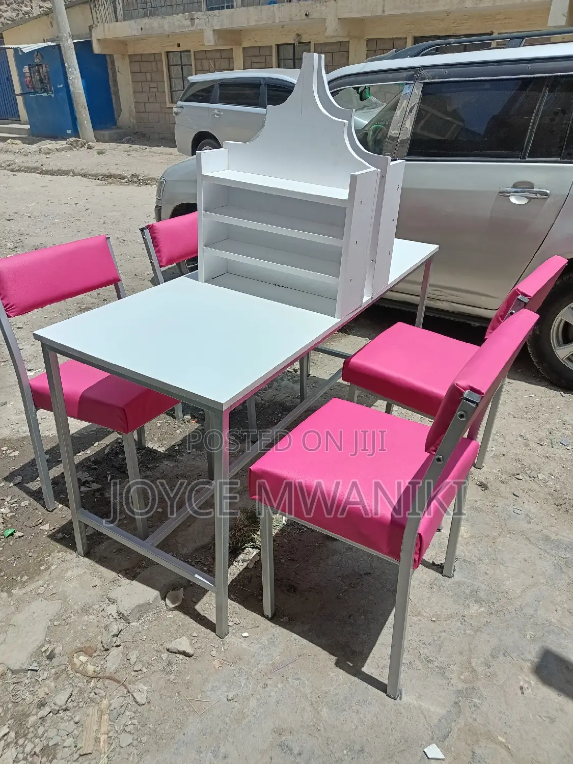 Manicure Set, 4 Pink Seats and White Table.
