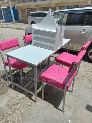Manicure Set, 4 Pink Seats and White Table.