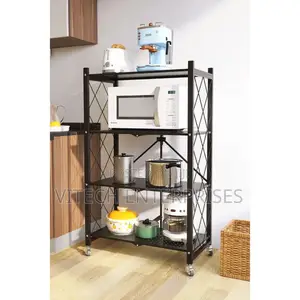 Foldable Kitchen Metallic Storage Rack With Wheels 4 Layers