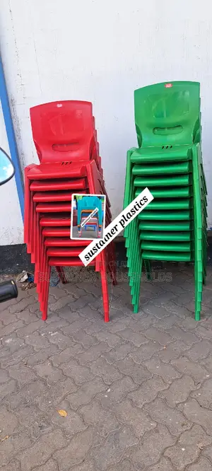 Red and Green Armless Plastic Chairs