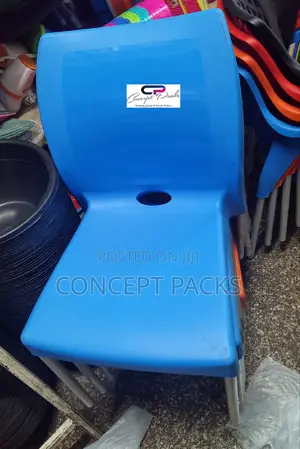 Blue Garden Plastic Chairs With Metallic Legs.
