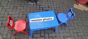 Blue and Red Plastic Chairs and Table Set