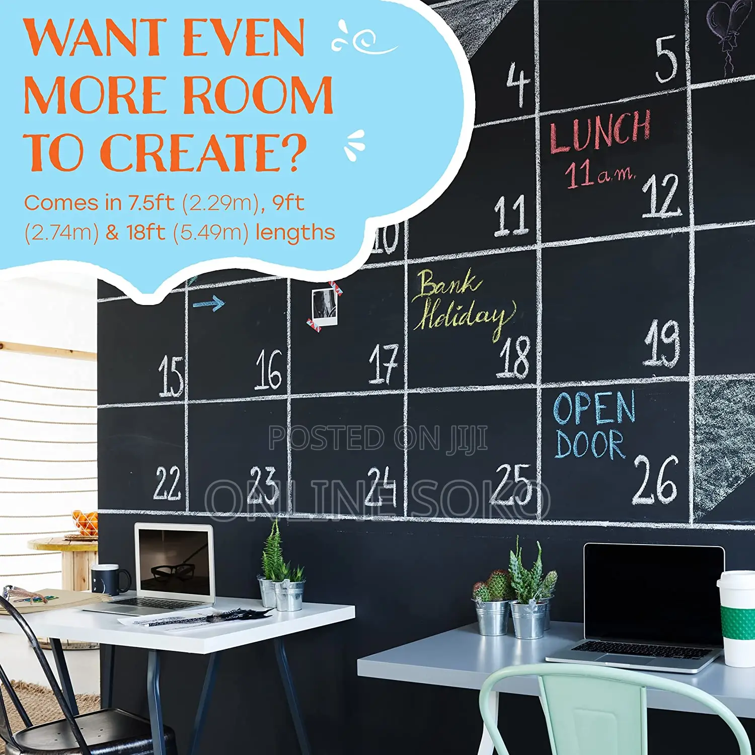 Self-Adhesive Chalkboard Wall Sticker Roll With 5 Chalks