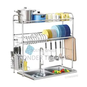 2 Tier Silver Over the Sink Dish Drainer With Hanging Hooks