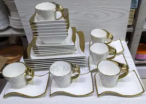 30pcs Wavy Ceramic Dinner Set With Gold Finish