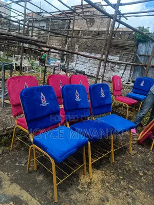 Church Chairs, Blue and Red With Logo 