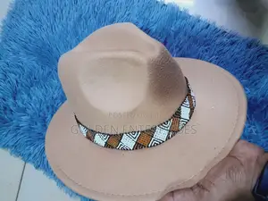 Beige Wide Brim Beaded Fedora Hat