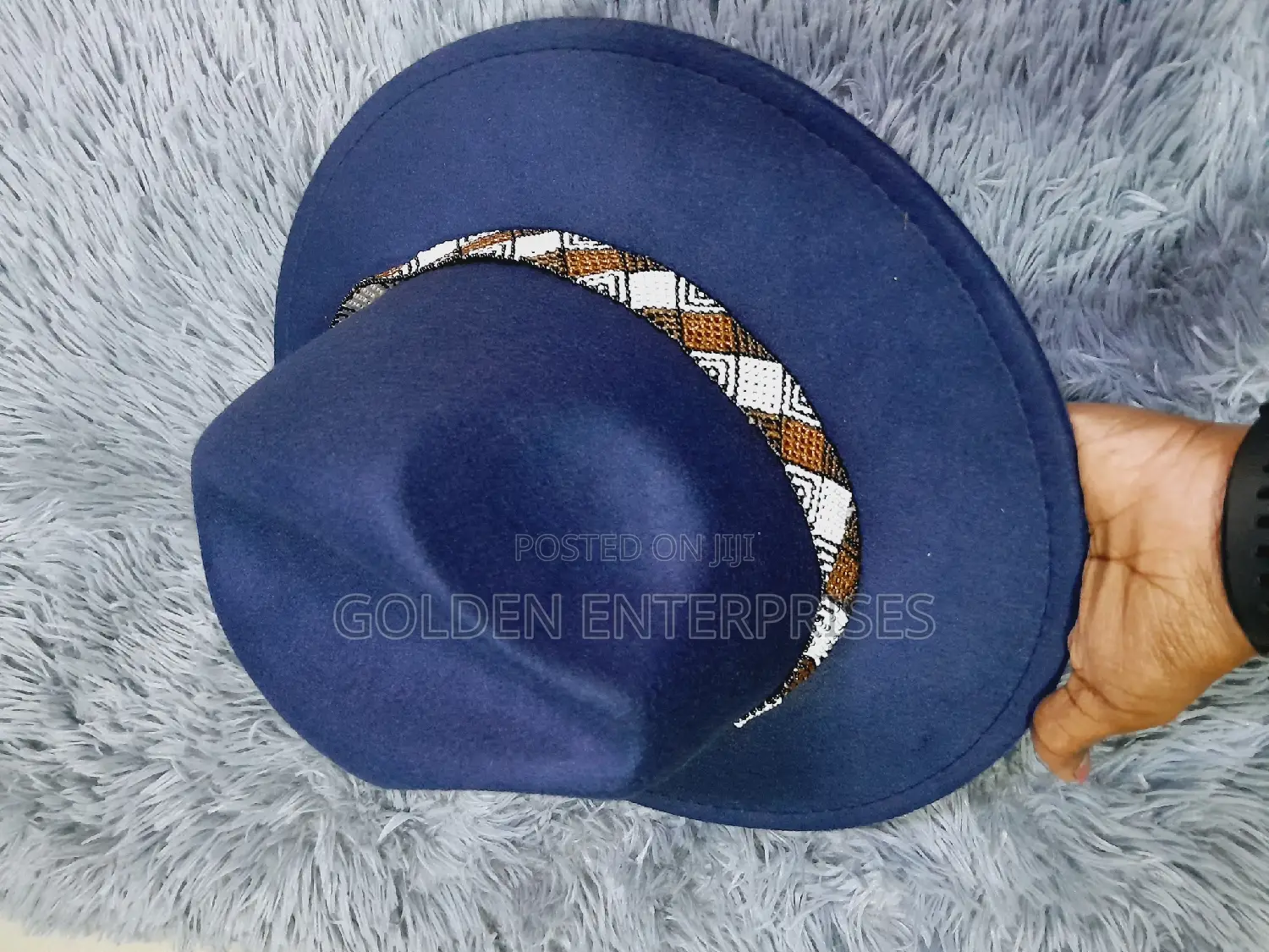Navy Blue Wide Brim Beaded Fedora Hat
