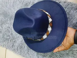 Navy Blue Wide Brim Beaded Fedora Hat