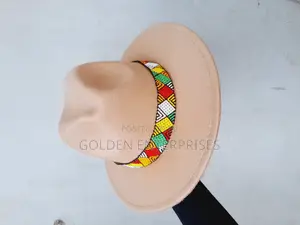 Beige Wide Brim Beaded Fedora Hat