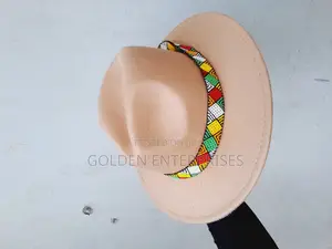Beige Wide Brim Beaded Fedora Hat