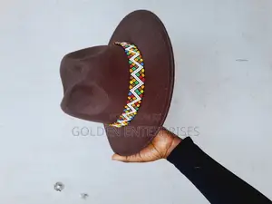 Dark Brown Wide Brim Beaded Fedora Hat