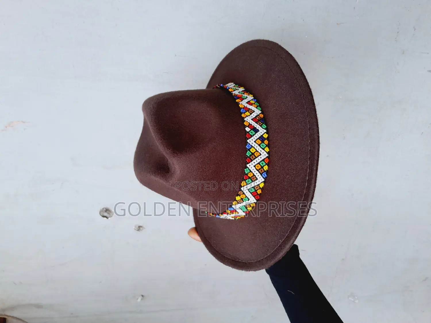 Dark Brown Wide Brim Beaded Fedora Hat