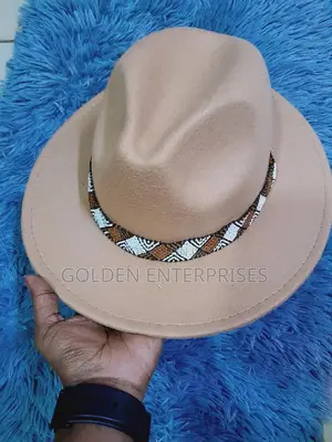Beige Wide Brim Beaded Fedora Hat