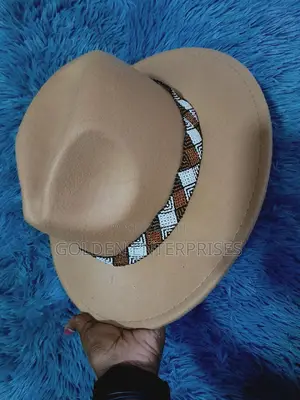 Beige Wide Brim Beaded Fedora Hat
