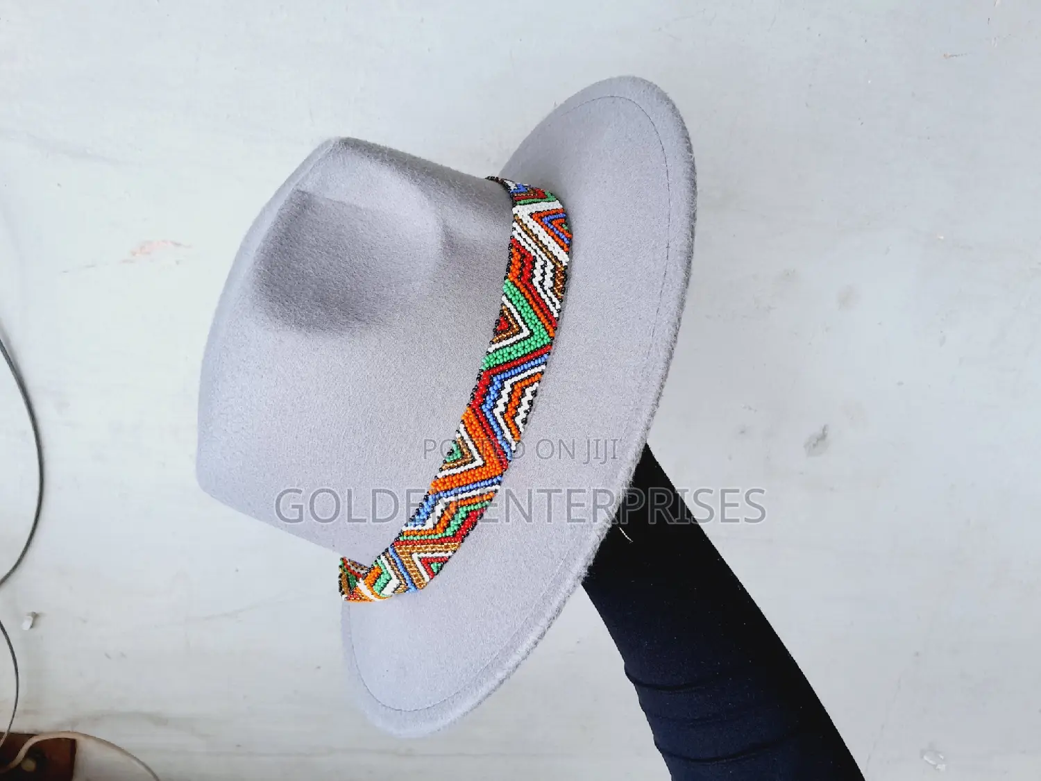 Grey Wide Brim Beaded Fedora Hat