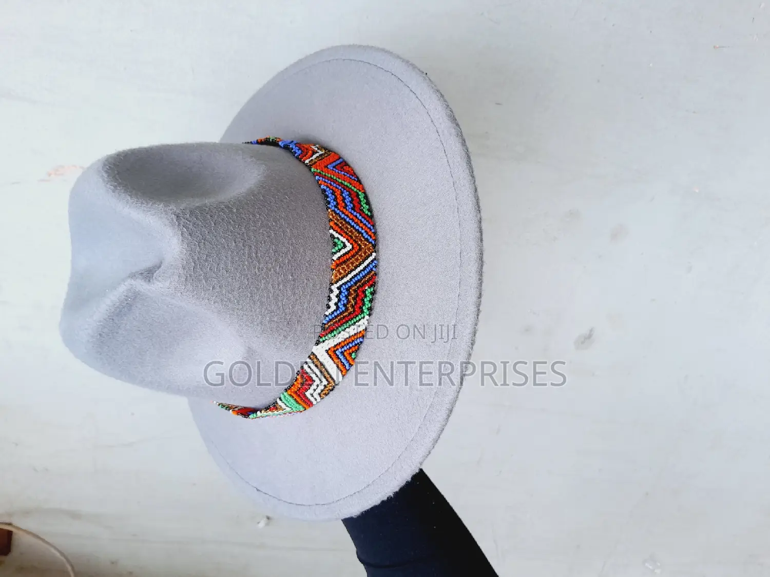 Grey Wide Brim Beaded Fedora Hat