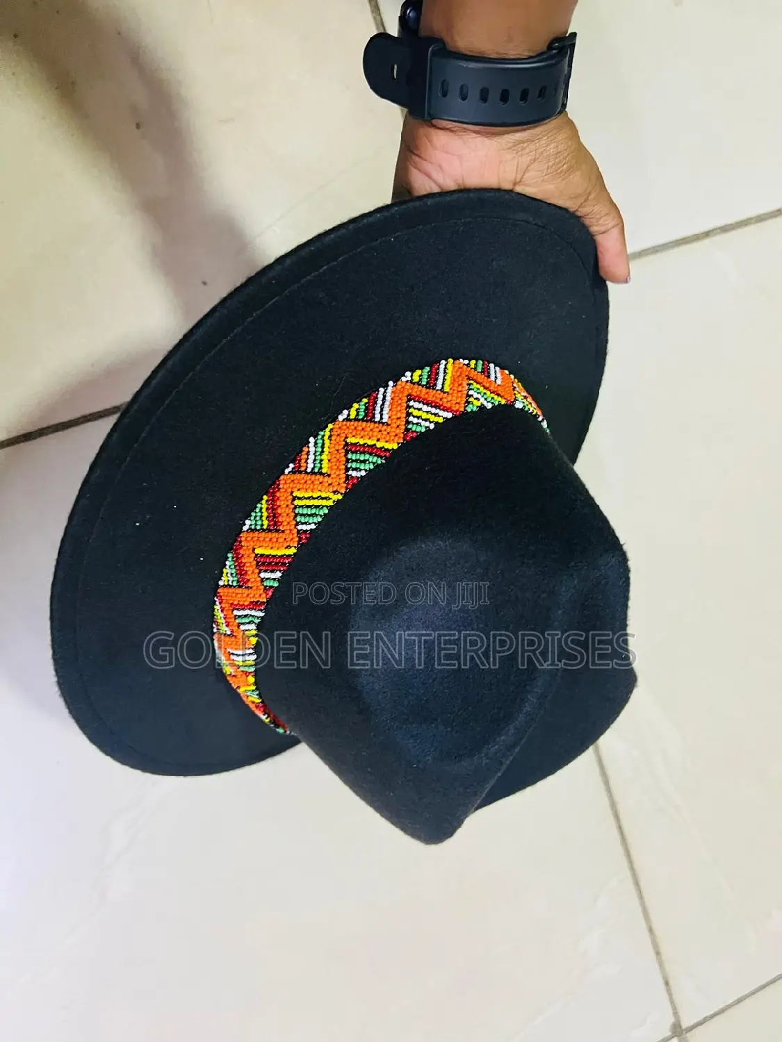 Black Wide Brim Beaded Fedora Hat