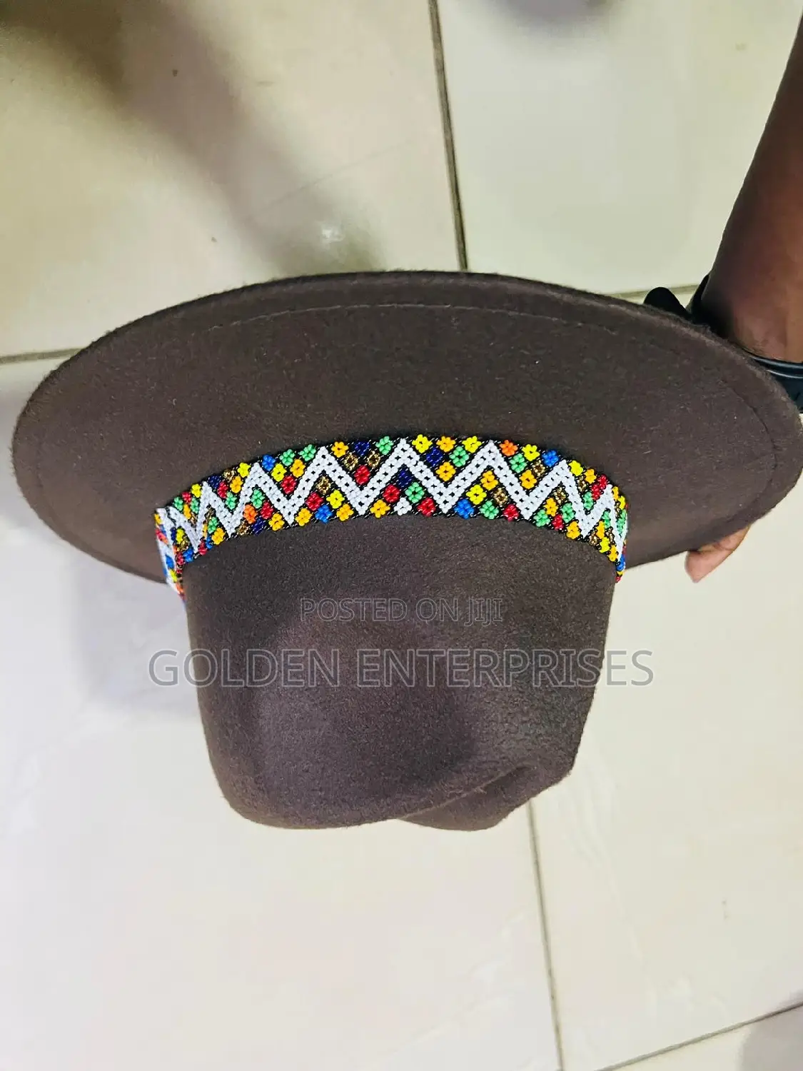 Dark Brown Wide Brim Beaded Fedora Hat