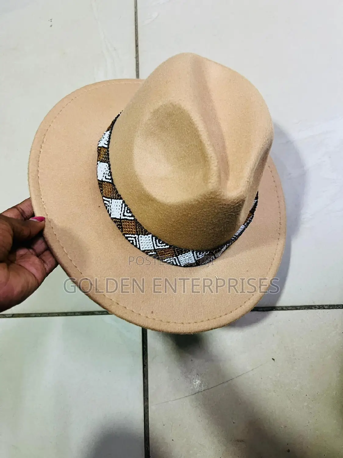 Beige Wide Brim Beaded Fedora Hat