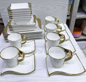 *30 PCS Wavy Ceramic Dinner Set With Gold Rim