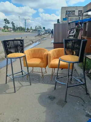 Powder Coated Wooven Stools, and 2 Chairs.