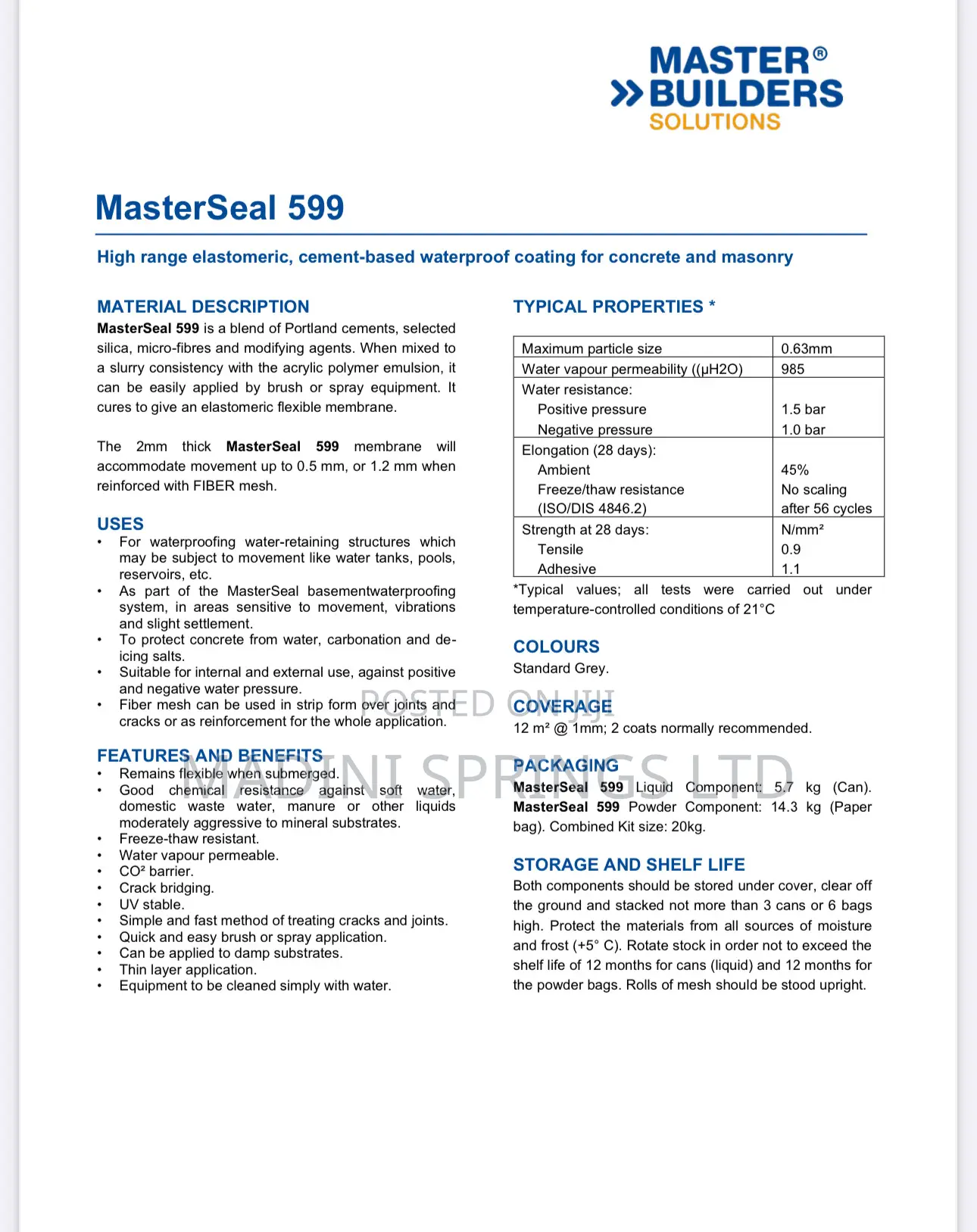 Masterseal 599(Elastomeric,Cement-Based Waterproof Coating)