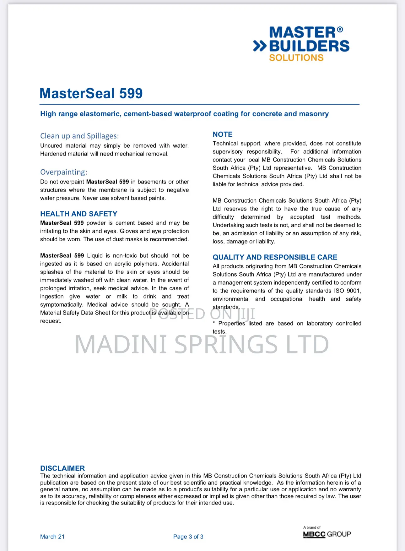 Masterseal 599(Elastomeric,Cement-Based Waterproof Coating)