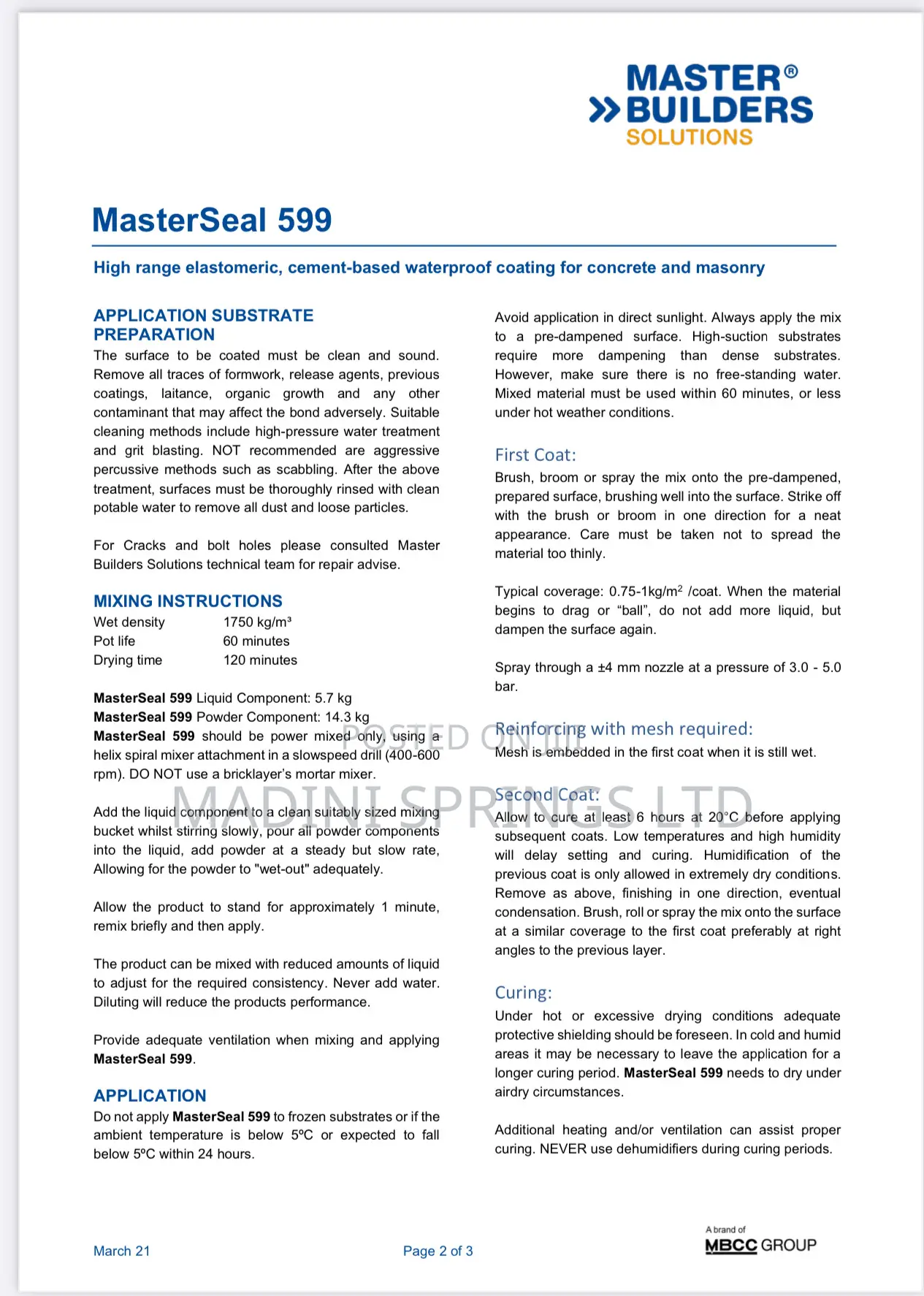 Masterseal 599(Elastomeric,Cement-Based Waterproof Coating)