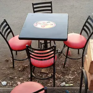 Restaurant Set, of 4 Red Chairs and a Black Table 