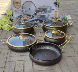 *9pcs Granite Classy Cookware Set, Blue-Gold Cream-Gold